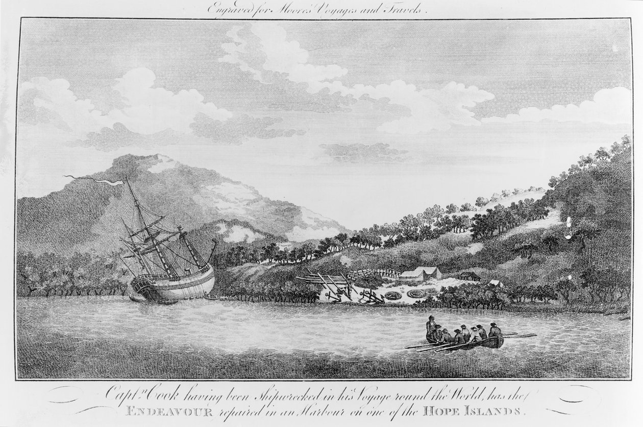Kapitán Cook, který ztroskotal při své plavbě kolem světa, nechal opravit Endeavour v přístavu na jednom z Hope Islands, vyrytý pro Mooreovy „Voyages and Travels“, 18. století (gravi od English School
