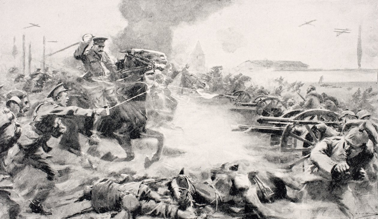 Kapitán F.O. Grenfell, VC, vedoucí jednotky 9. Lancerů, aby znovu získali ukořistěná děla poblíž Doubonu, 24. srpna 1914, z „The War Illustrated Album de Luxe“, vydaného v Londýně, 1916 od English School