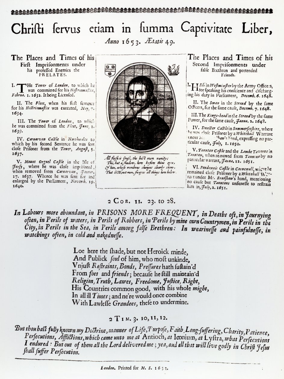Christi Servus Etiam v Summa Captivitate Liber: stránka z velkého listu obsahující seznam míst a časů věznění Johna Lilburnea (asi 1614-57), publikovaná 1653 od English School