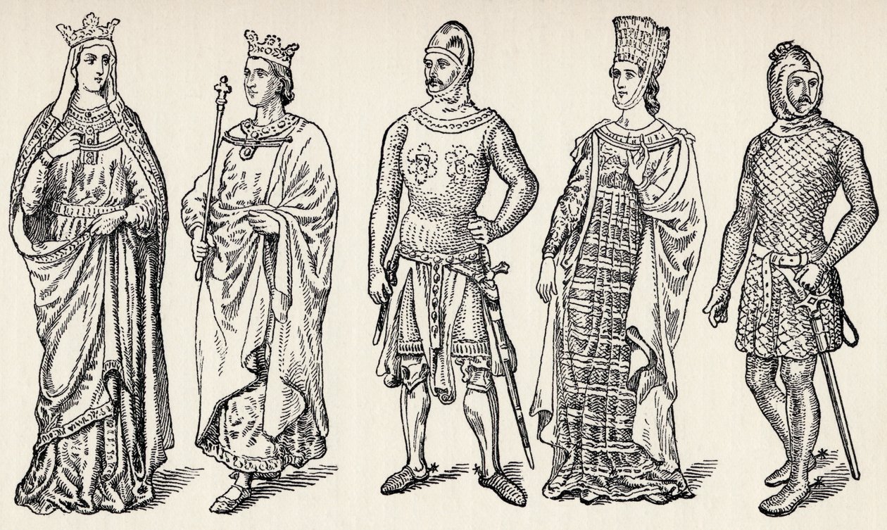 Kostýmy španělských králů a šlechticů třináctého století, Španělsko, z „Španělsko: Shrnutí španělské historie od maurského dobytí po pád Granady, 711-1492“, od Henryho Edwarda Wattse, publis od English School