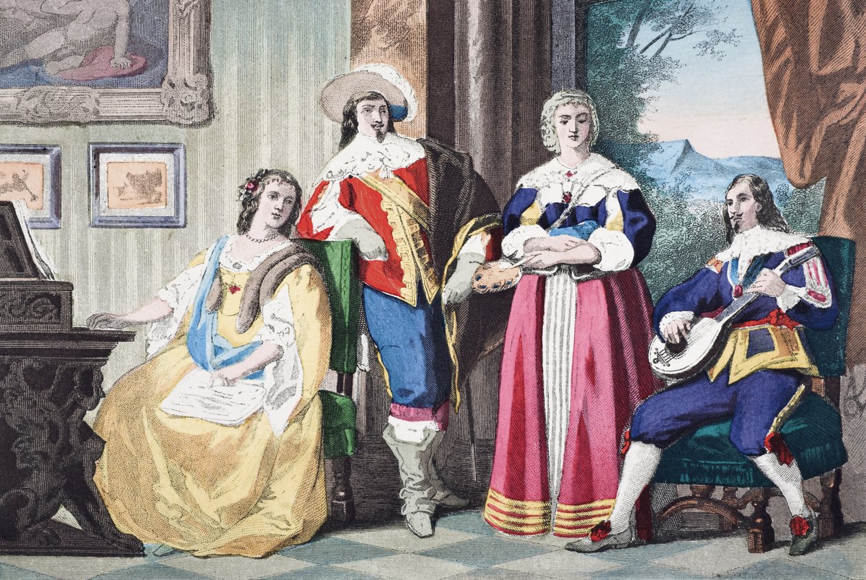 Kostým anglického kavalíra za vlády Karla II., kolem roku 1670, z knihy „Národní a domácí historie Anglie“ od Williama Hickmana Smith Aubrey (1858-1916), vydaná v Londýně kolem roku 1890 od English School
