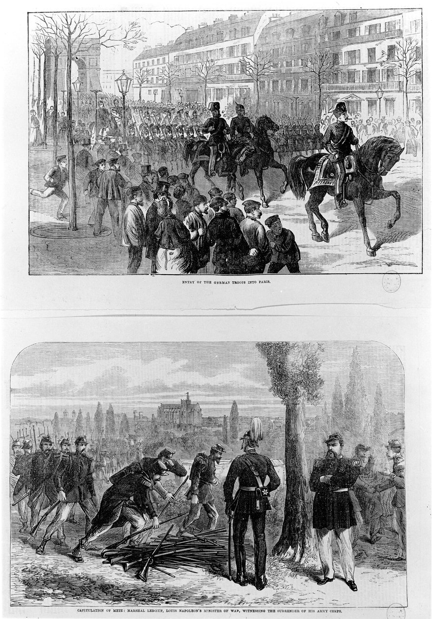Vstup německých vojsk do Paříže, 2. března 1871; Kapitulace Met, 27. října 1870, maršál Leboeuf, ministr války Ludvíka Napoleona, byl svědkem kapitulace svého armádního sboru (rytina od English School