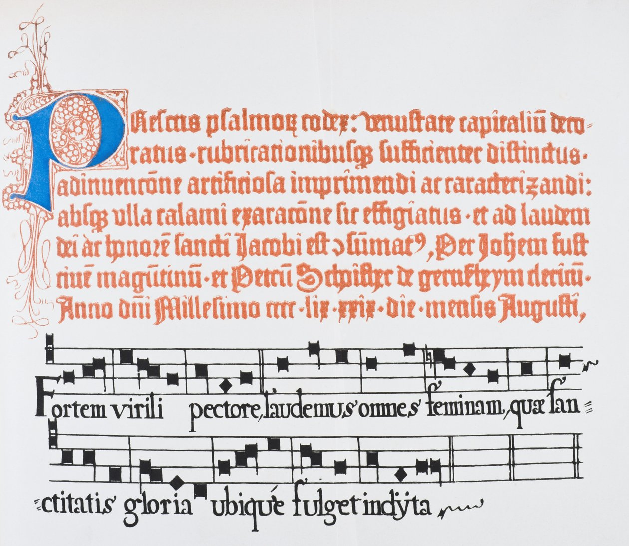 Faksimile stránky s iluminovaným velkým "P" z vydání Fustova a Schoifferova latinského žaltáře z roku 1459, z knihy "The National and Domestic History of England" od Williama Hickmana Smitha Aubreyho (1858-). od English School