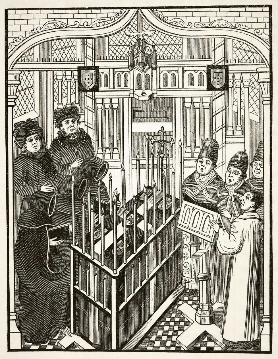 Pohřební obřad pro významnou osobu v 15. století z knihy „Národní a domácí historie Anglie“ od Williama Hickmana Smith Aubrey (1858-1916), vydaná v Londýně, kolem roku 1890 od English School