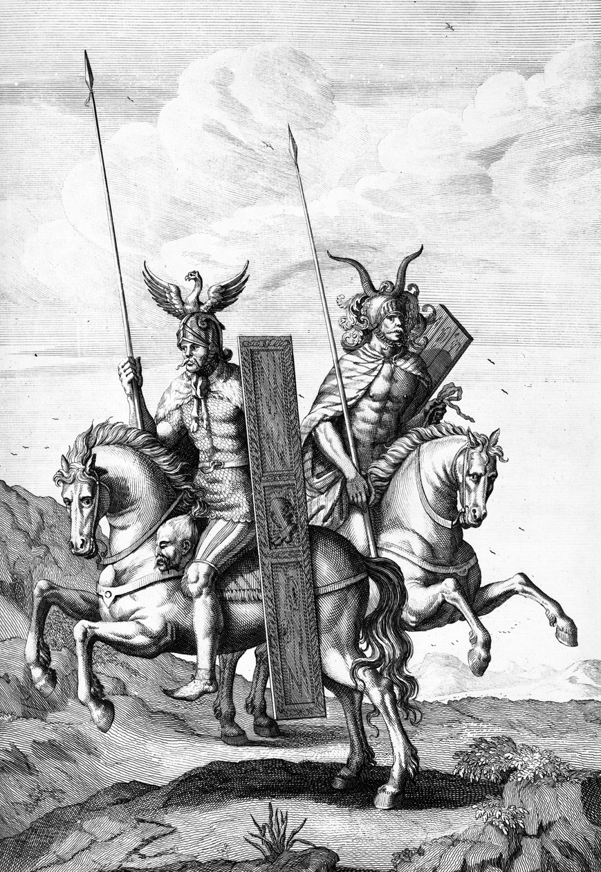 Němečtí vojáci se svými helmami, štíty a kopími, vyryto Cornelisem Huybertsem, ilustrace k „Caesarovým komentářům“ přeloženým do angličtiny Williamem Duncanem, vydáno 1753 od English School