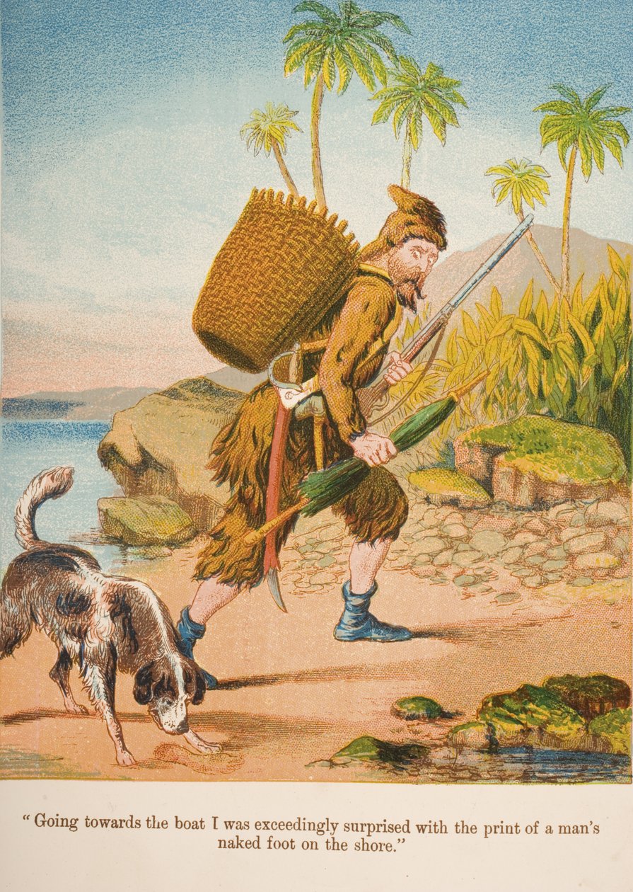„Když jsem šel směrem k lodi, byl jsem nesmírně překvapen otiskem nahé mužské nohy na břehu.“, ilustrace z „Robinson Crusoe“ od Daniela Defoea (1660-1731) kolem 60. let 19. století (chromolitho) od English School