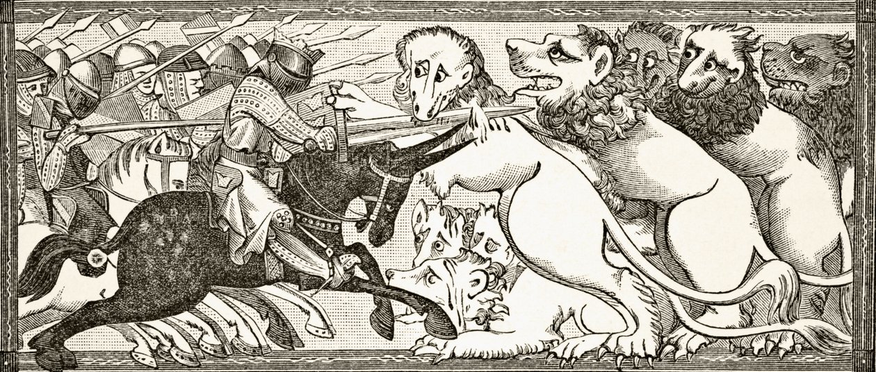 Jak Alexander bojoval s bílými lvy velkými jako býci, podle miniatury v rukopisu ze 13. století, z „Vědy a literatury ve středověku“, Paul Lacroix, 1878 od English School