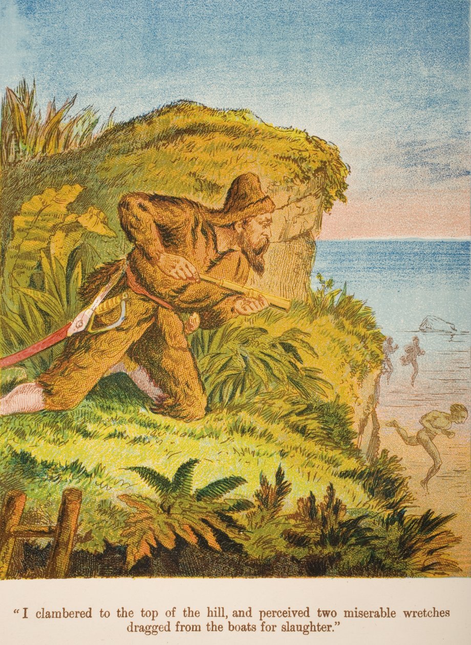 „Vylezl jsem na vrchol kopce a uviděl jsem dva ubohé ubožáky, které vytáhli z člunů na porážku.“, ilustrace z „Robinson Crusoe“ od Daniela Defoea (1660-1731) kolem 60. let 19. století (chromolitho) od English School