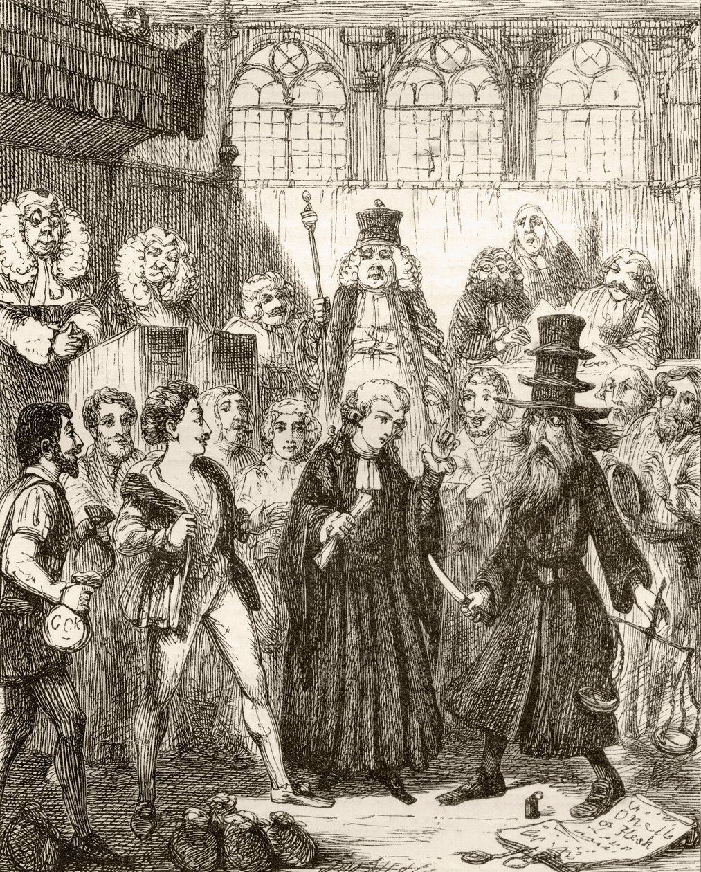 Ilustrace podle George Cruikshanka k básni „Kupec benátský“, legenda Itálie, z „The Ingoldsby Legends or Mirth and Marvels“ od Thomase Ingoldsbyho, vydané v roce 1865 od English School