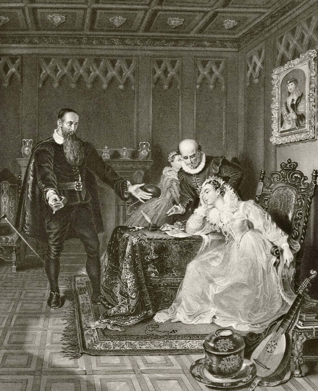 John Knox napomíná skotskou královnu Mary ohledně jejího plánovaného sňatku s Donem Carlosem, synem Filipa II. Španělského, 24. června 1563, z „Národní a domácí historie Anglie“ od Williama Hickmana Smita od English School