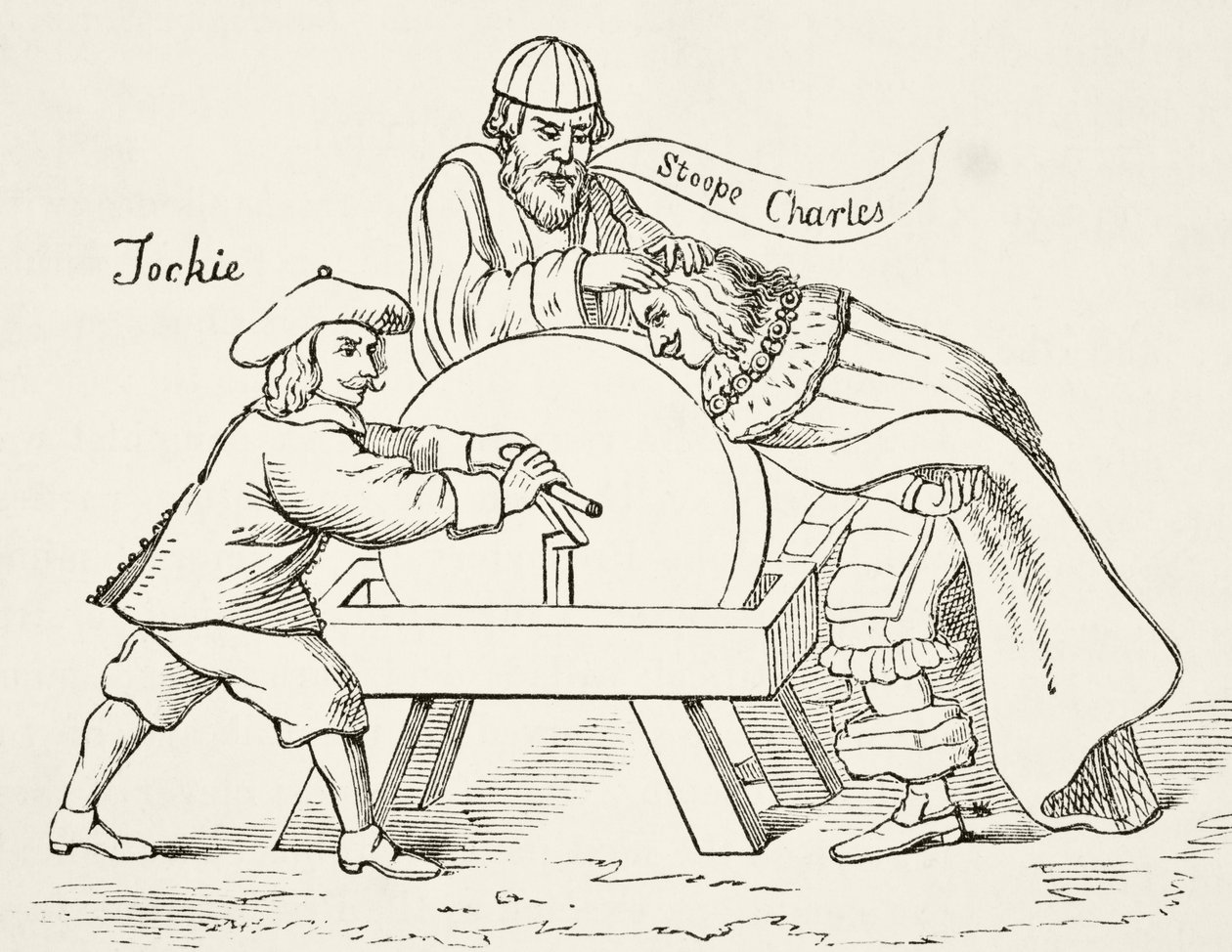 Král Karel I. na mlýnském kameni skotské presbyteriánské nesnášenlivosti, z knihy "The National and Domestic History of England" od Williama Hickmana Smithe Aubreyho (1858-1916), vydané v Londýně kolem roku 1890. od English School