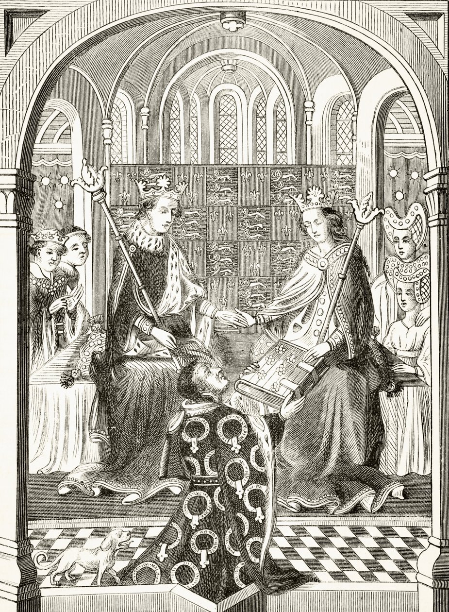 Anglický král Jindřich VI. a jeho královna choť, Margaret z Anjou na jejich dvoře, z knihy „Národní a domácí historie Anglie“ od Williama Hickmana Smith Aubrey (1858-1916), vydaná v Londýně, kolem 18. od English School