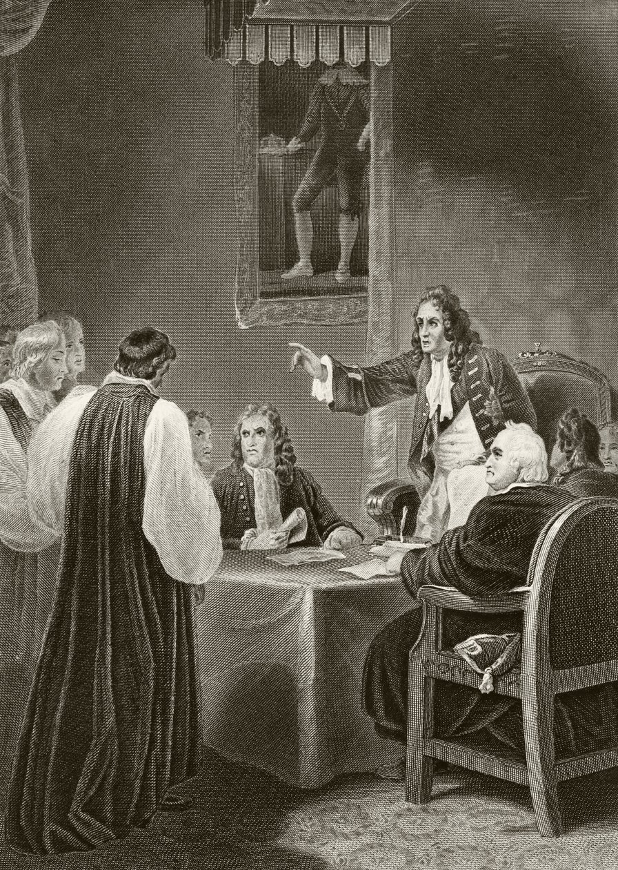 Anglický král Jakub II. tváří v tvář biskupům v tajné radě, 1688, z 