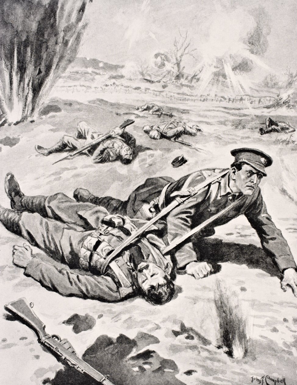 Lance-desátník Joseph Tombs VC, s jedním ze čtyř zraněných kamarádů, které zachránil poblíž Armentieres ve Francii, 16. června 1915, z „The War Illustrated Album deLuxe“, vydaného v Londýně, 1916 od English School