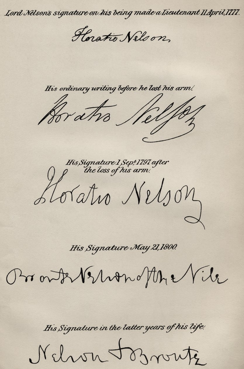 Podpisy lorda Nelsona před a po ztrátě pravé ruky, z knihy "The Life of Nelson" od Roberta Southeyho (1774-1843), poprvé vydané v roce 1813 (podrobnosti viz také 234260 a 237021). od English School