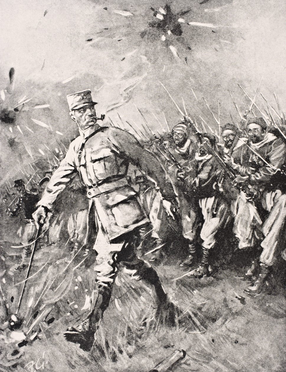 Major Jean-Baptiste Marchand, dýmka v ústech, hůl v ruce, vede Zouave a marocké jednotky proti německé nepřátelské západní frontě 1915, z „The War Illustrated Album deLuxe“, vydaného v Londýně, 1916 ( od English School