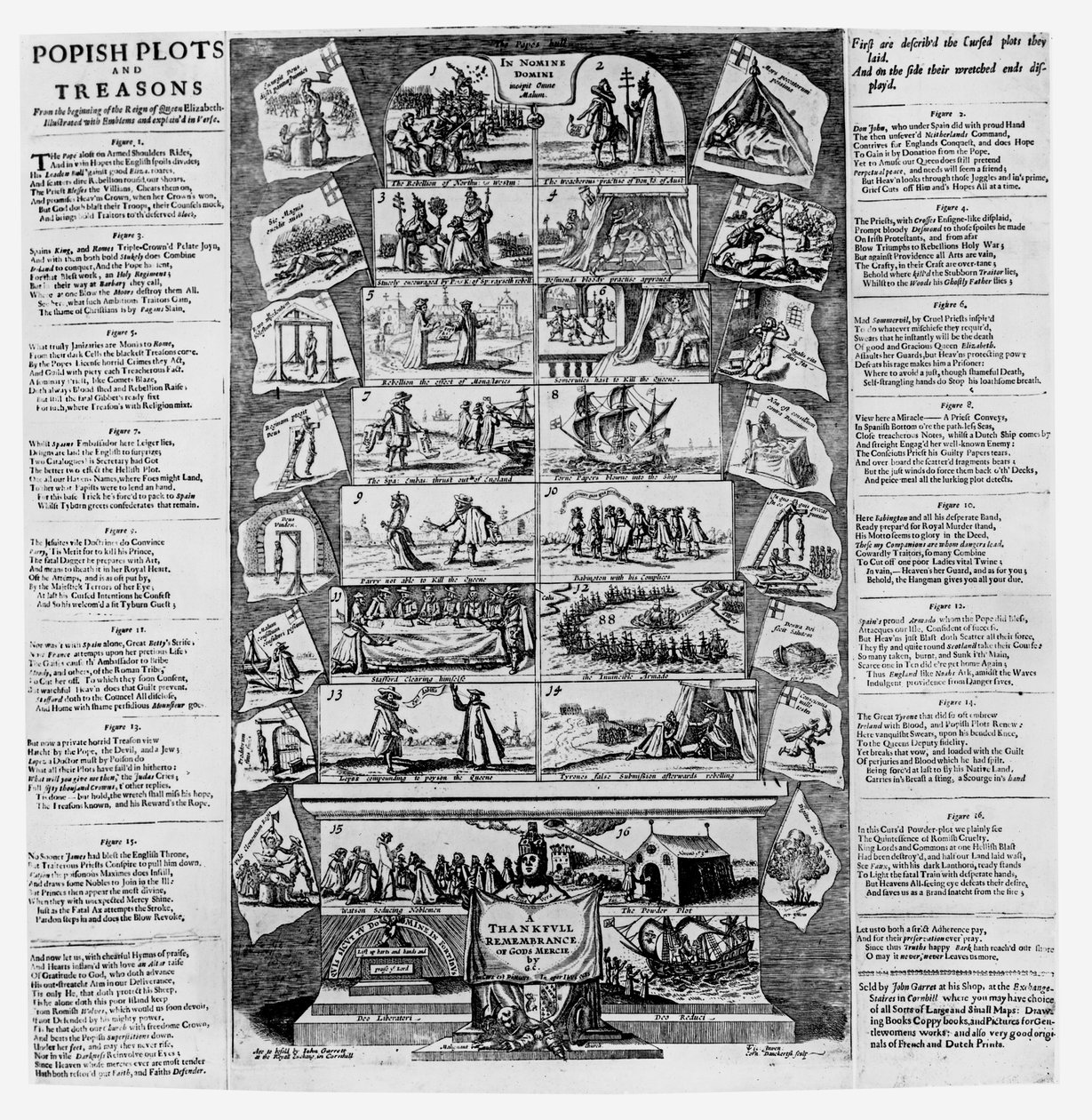 Papežské úklady a zrady z počátku vlády královny Alžběty, ilustrované emblémy a vysvětlené ve verších, vyryté Cornelisem Danckertsem (asi 1603-56) (viz 1 od English School