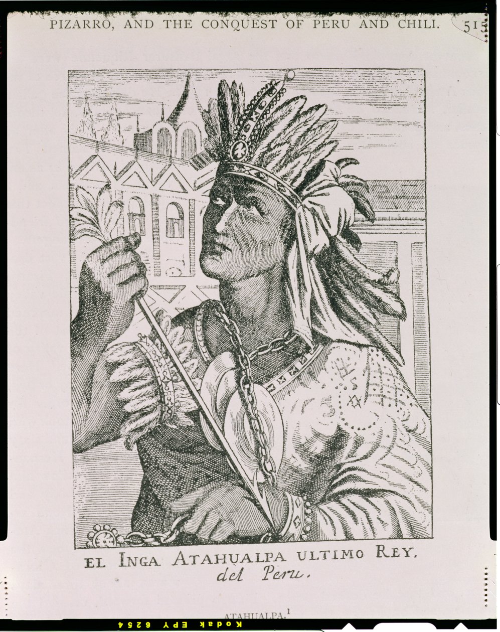 Portrét posledního náčelníka Inků, Atahualpa, z „Příběhu a kritické historie Ameriky“, editoval Justin Winsor, Londýn, 1886 (rytina) od English School