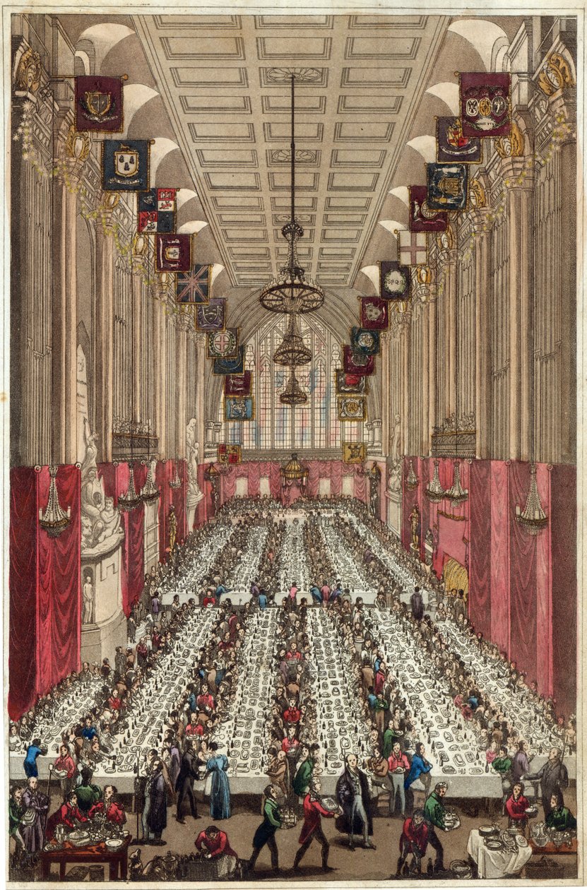 Zastoupení vnitra Guildhallu u příležitosti návštěvy krále a královny na inaugurační večeři v Aldu. Key to Mayorality of London, 9. listopadu 1830 od English School