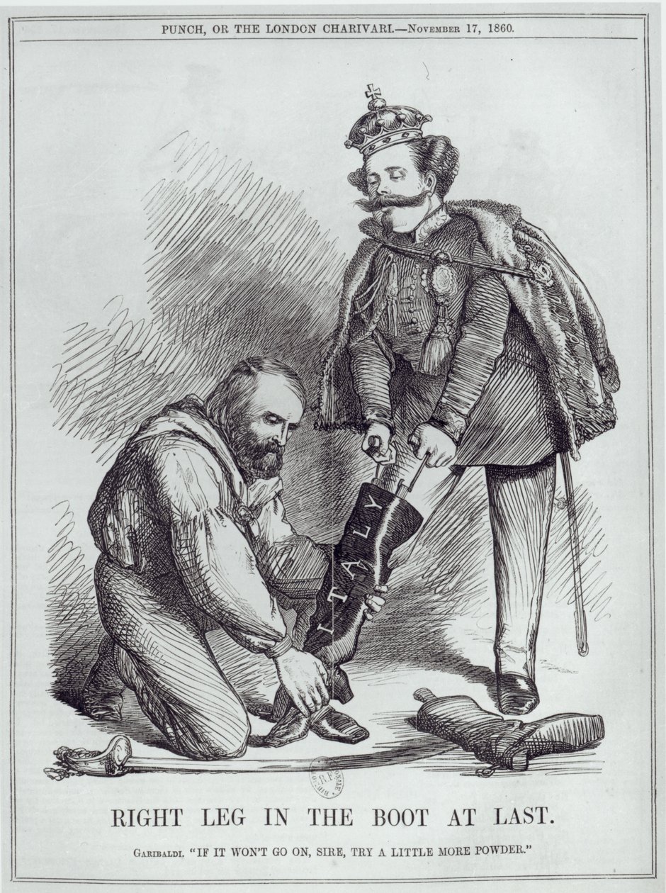 „Konečně pravá noha v botě“, karikatura Giuseppe Garibaldiho (1807–82) a italského krále Vittoria Emmanuela II. (1820–78) z filmu „Punch, aneb London Charivari“, 17. listopadu 1860 (b od English School