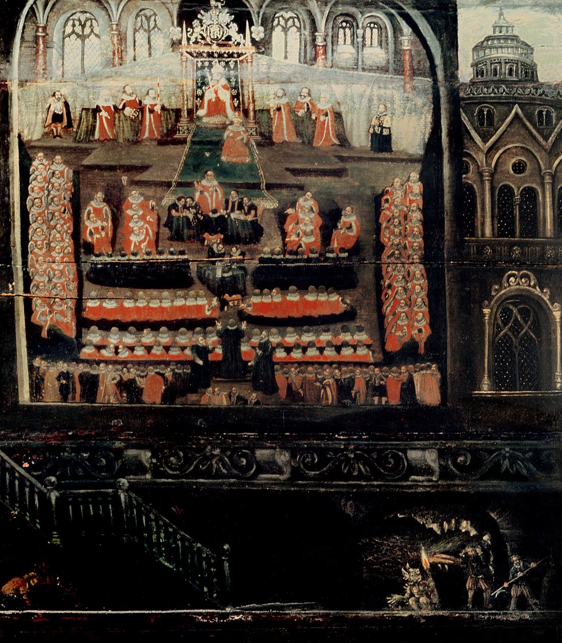 Pravá strana diptychu zobrazující parlament Jakuba I. Anglie, VI. Skotského (1566-1625) a spiknutí střelného prachu, detail plotrů střelného prachu z pravého dolního rohu (olej na str. od English School
