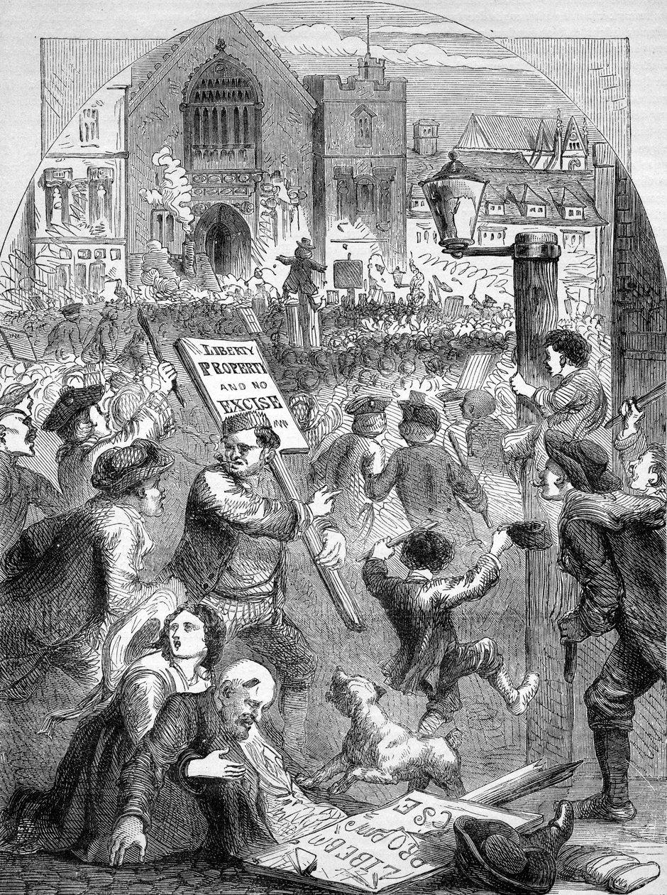 Bouřlivé shromáždění před budovou parlamentu o zavedení systému spotřební daně, ilustrace z „Lidové historie Anglie“ od Cassella, Pettera a Galpina, publikované kolem roku 1890 od English School