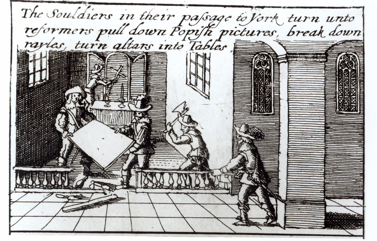 Vojáci na cestě do Yorku se proměnili v reformátory, strhli Popishovy obrazy, zbořili Rayles, proměnili oltáře na stoly (rytina) (černobílá fotografie) od English School