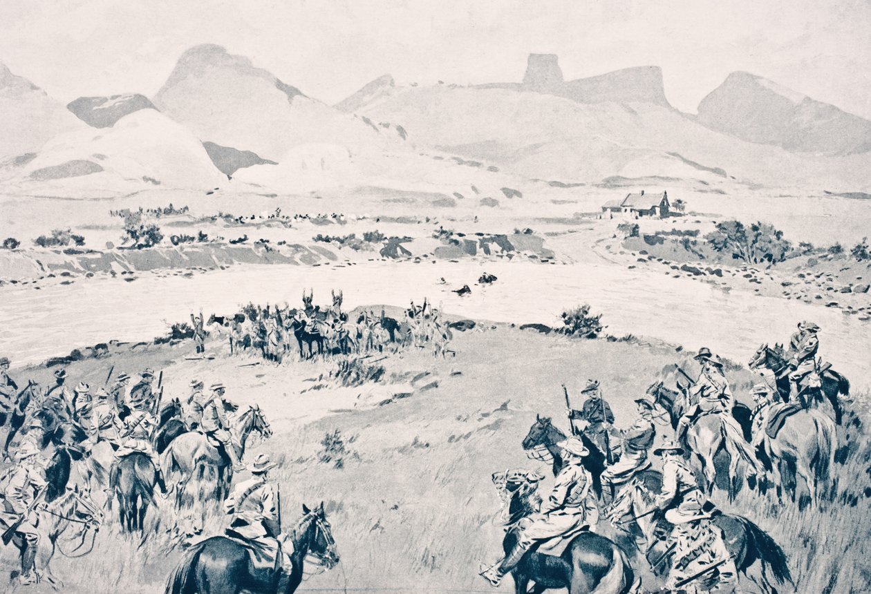 Jižní Afrika. Beyerovy jednotky se vzdávají u řeky Vaal po Maritzově povstání, 8. prosince 1914, z „The War Illustrated deLuxe“, vydaného v Londýně, 1916 od English School