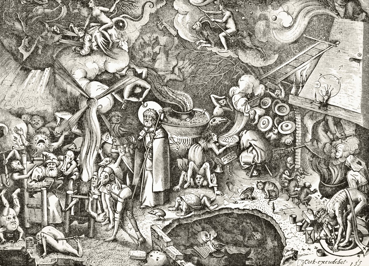 Svatý Jakub starší bojující s ďábelskými čarami kouzelníka, vyrytý v 16. století po skladbě Brueghela staršího z knihy „Věda a literatura ve středověku“ od Pau od English School