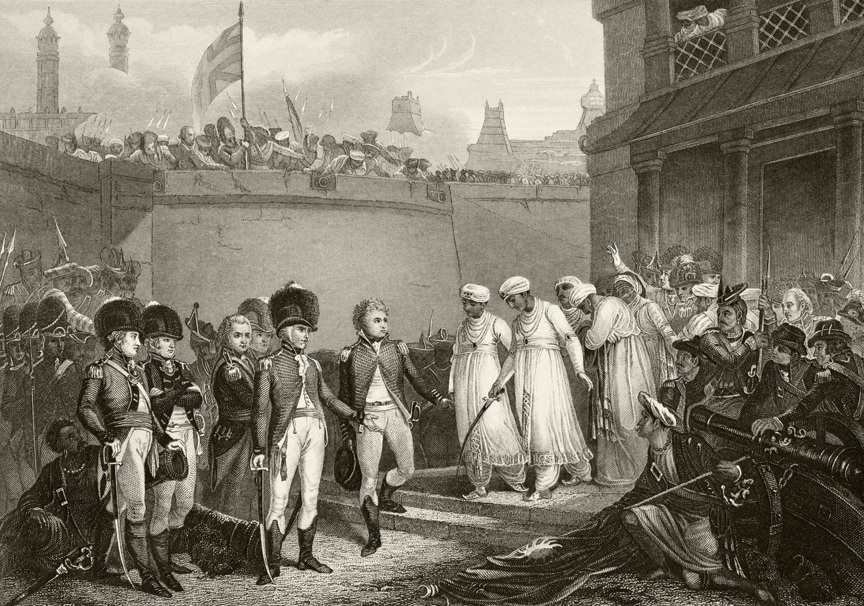 Vzdání se dvou synů Tippoo Sultana během obléhání Seringapatamu ve třetí anglo-mysorské válce z „Národní a domácí historie Anglie“ od Williama Hickmana Smith Aubrey (1858-191 od English School