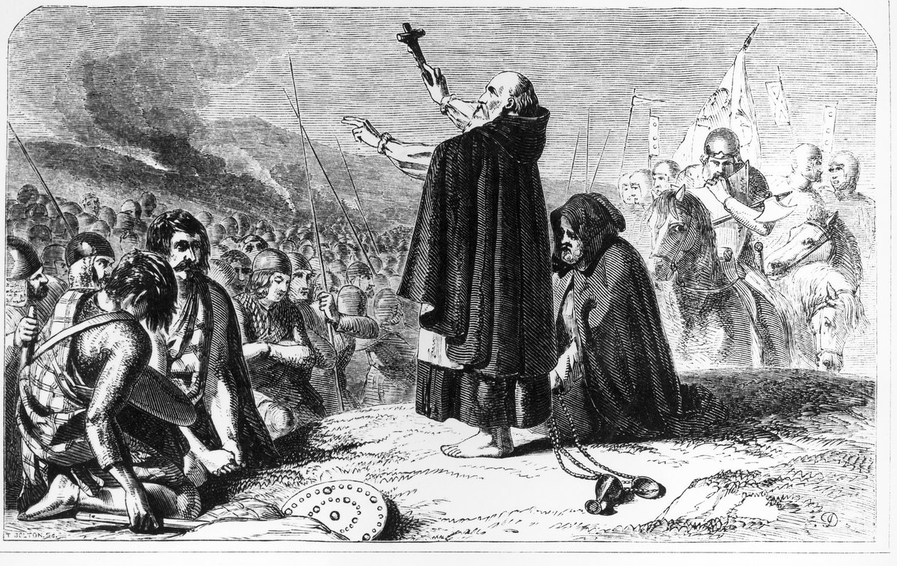 Opat z Inchaffray požehnání skotské armádě před bitvou u Bannockburnu, 21. června 1314, vyryto T. Boltonem (rytina) (foto bundw) od English School