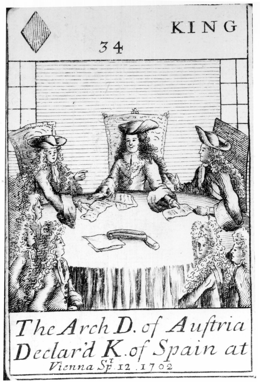 Arcivévoda Rakouska prohlášen za španělského krále ve Vídni, 12. září 1702, hrací karta krále diamantů ze sady připomínající válku o španělské dědictví (1702-13) od English School
