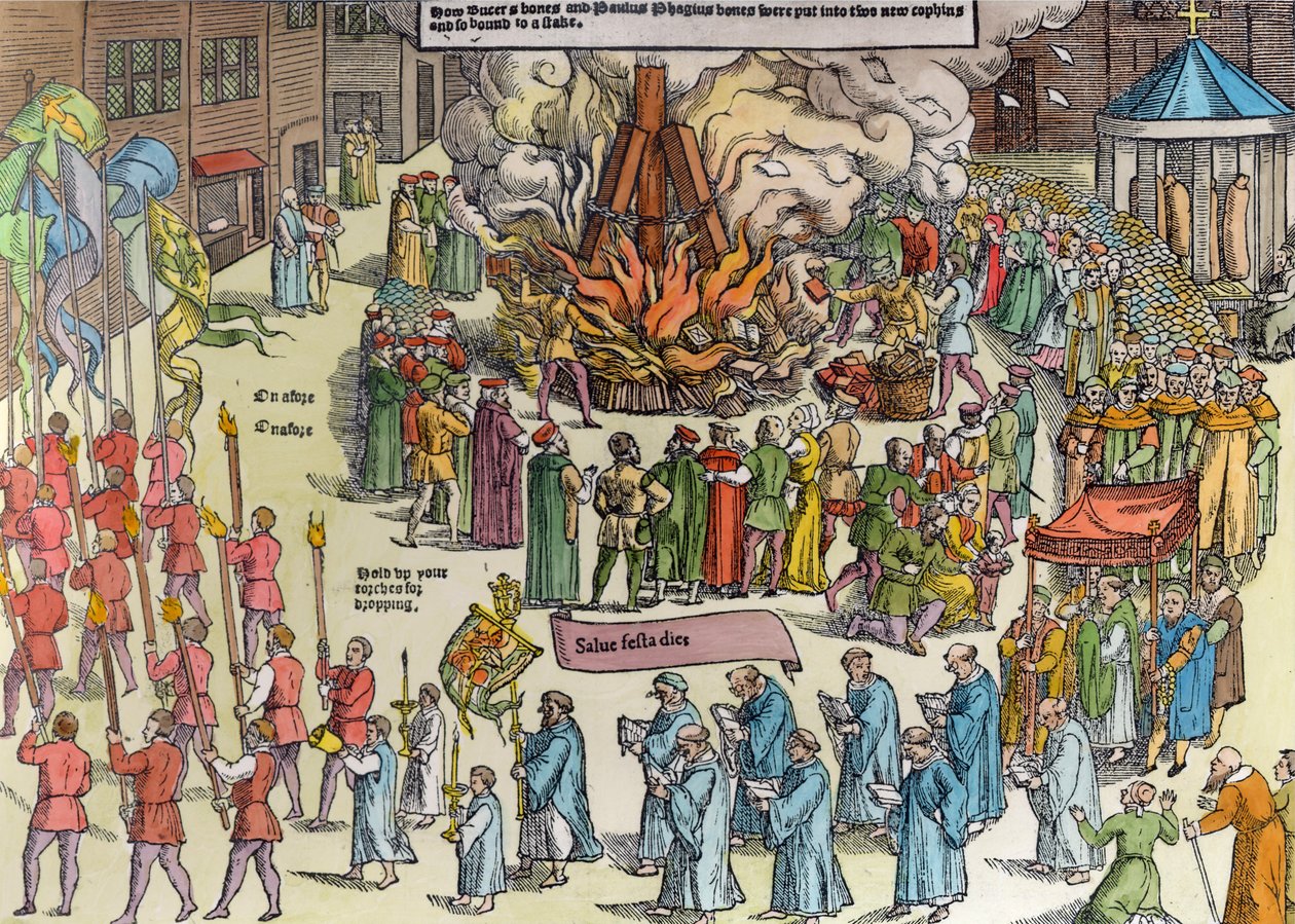 Spálení ostatků Martina Bucera (1491-1551) a Paula Fagiuse (1504-49) na Market Hill v Cambridge v roce 1557, z 