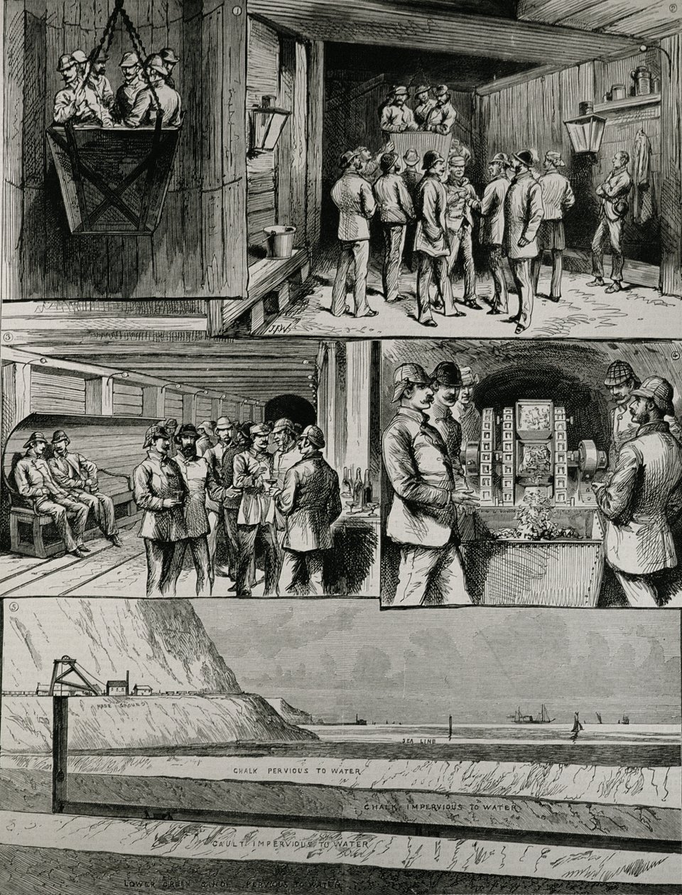 Práce na tunelu pod kanálem La Manche v Doveru: Příjezd na dno šachty; křižovatka Swindon; stroj pro vrtání stlačeným vzduchem; řez tunelem, z "The Illustrated London News", č. 4 od English School