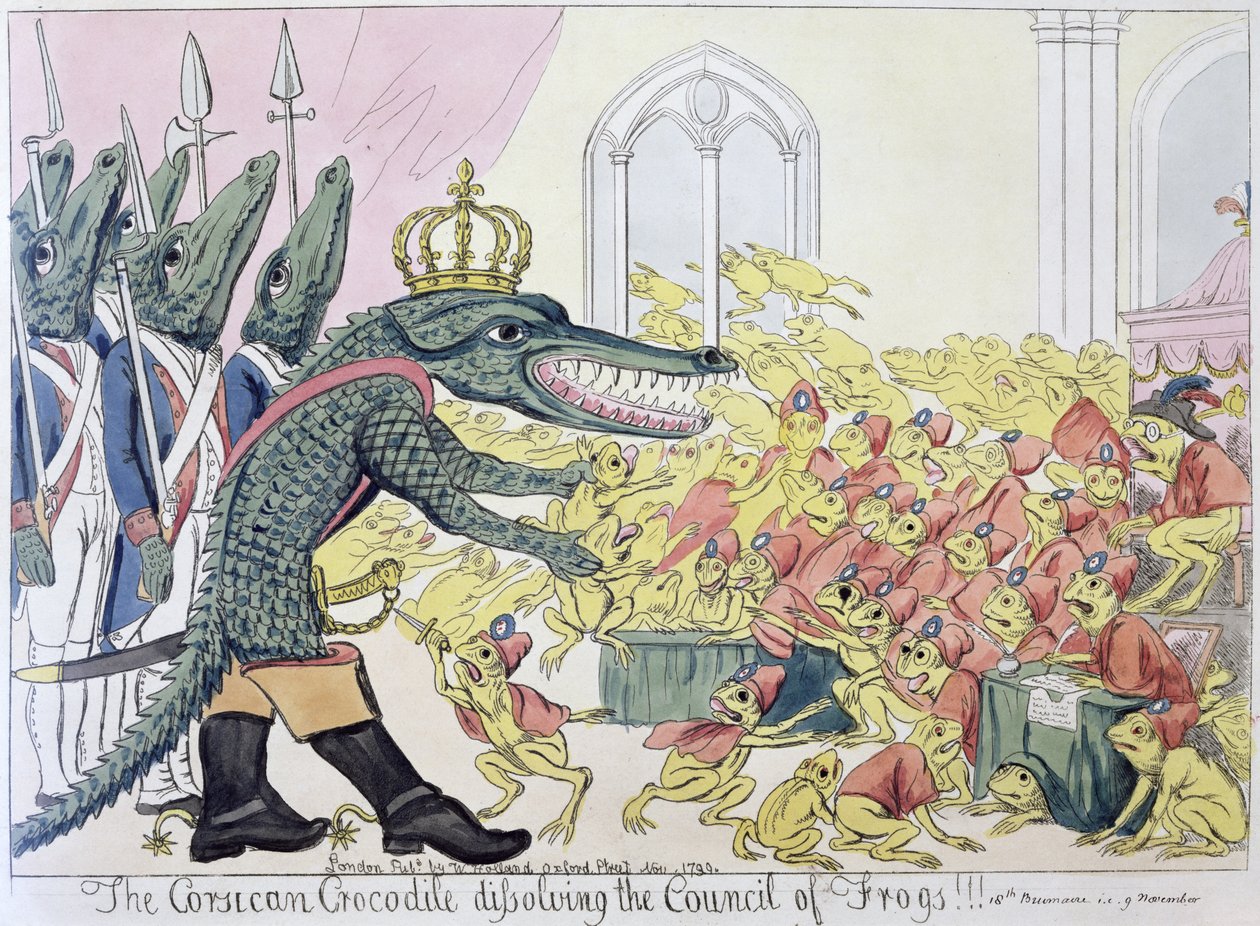 Korsický krokodýl rozpouští Radu žab, 9. listopadu 1799 (litho) od English School
