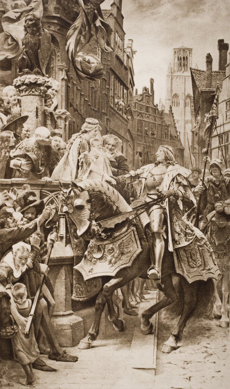 Císař Svaté říše římské Maxmilián I. a jeho manželka Marie Burgundská s prvorozeným Filipem z Gentu, ilustrace z „Nástin dějin“ od H. G. Wellse, svazek II, vydané v roce 1920 (litho od English School