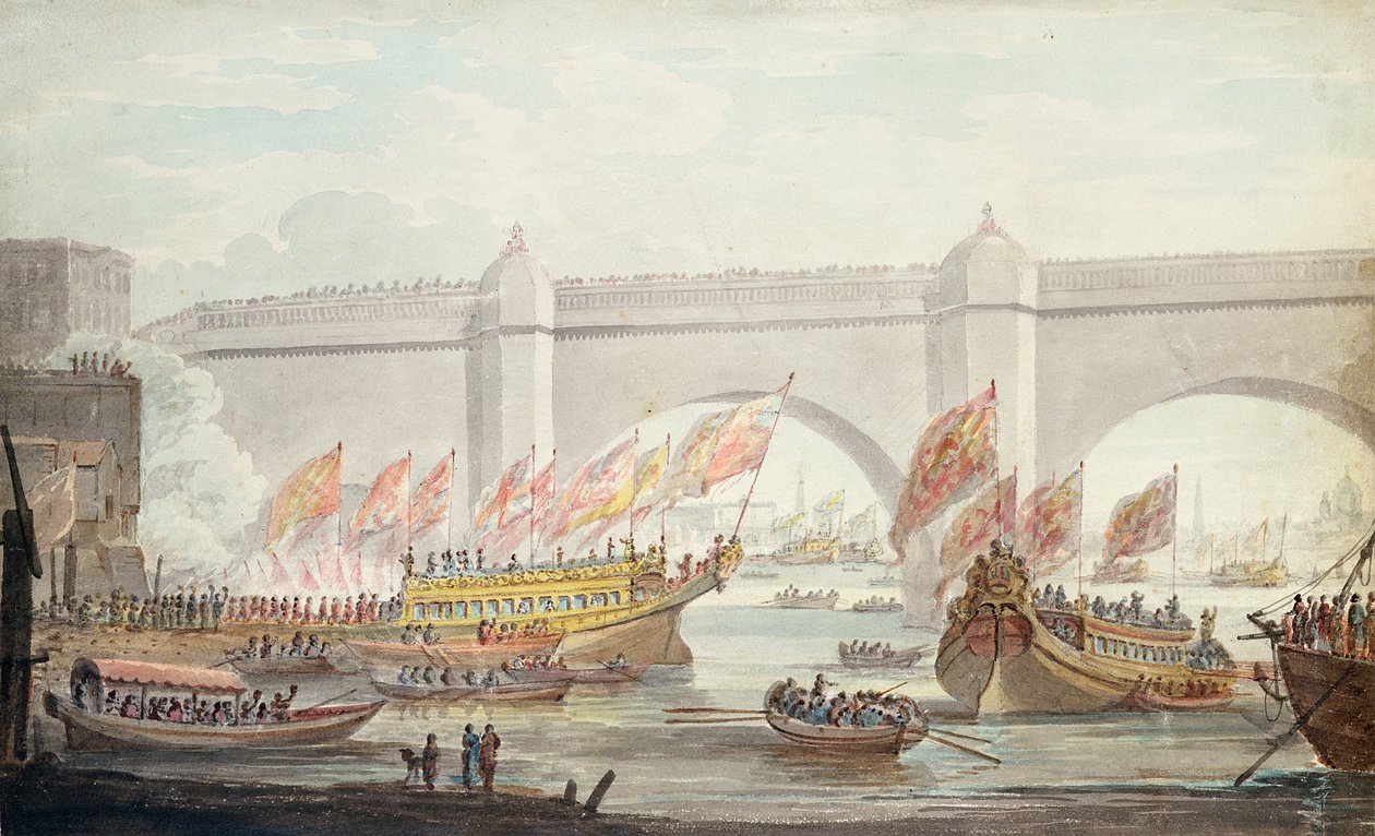Lord Mayor přistává ve Westminsteru, s výhledem na most, 1840 (wc na papíře) od English School