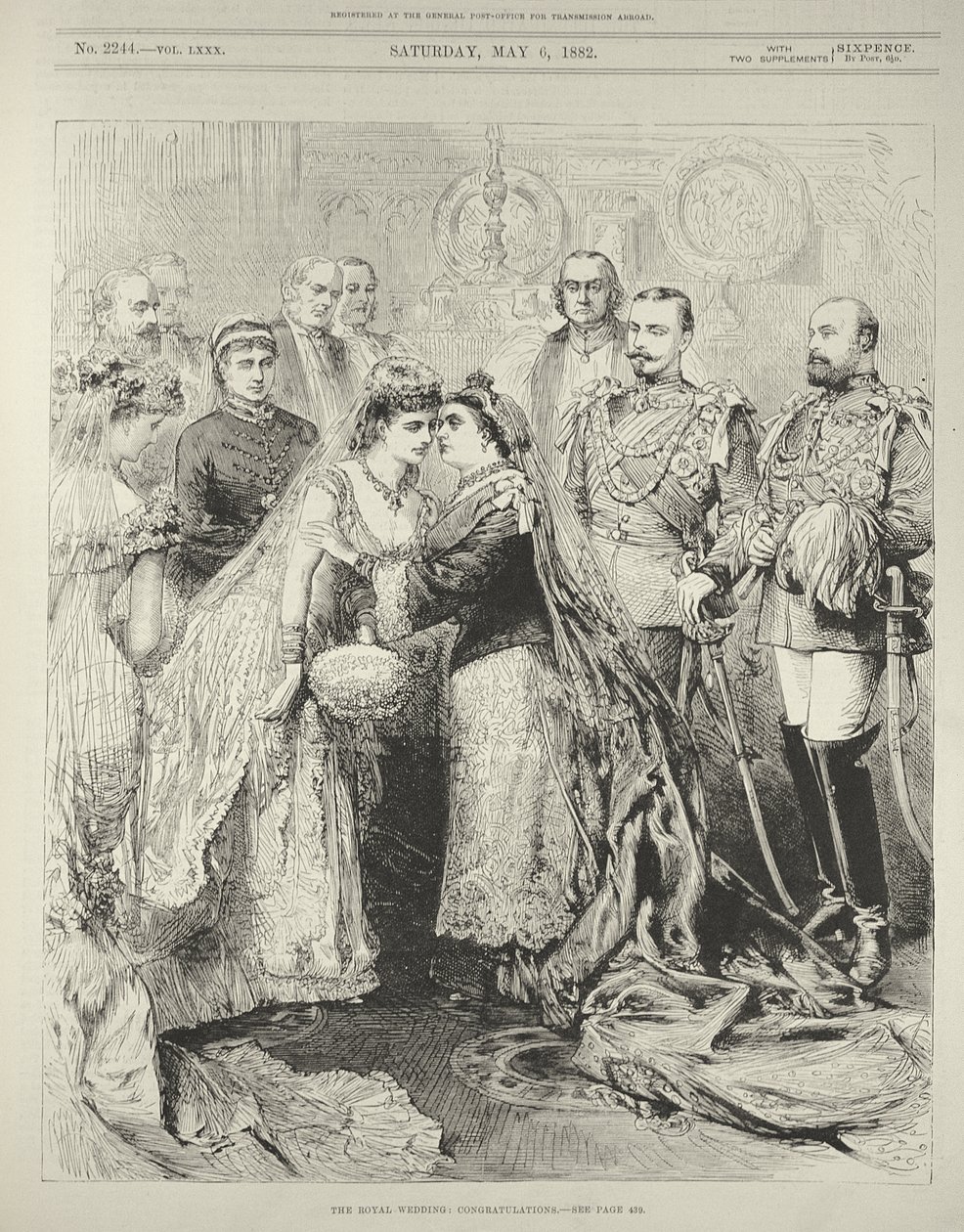 Královská svatba: Princ Leopold (1853-84), vévoda z Albany s princeznou Helenou z Waldeck-Pyrmont v kapli sv. Jiří, Windsor, 27. dubna 1882, z „The Illustrated London News“, 6. května 1882 (angl. od English School
