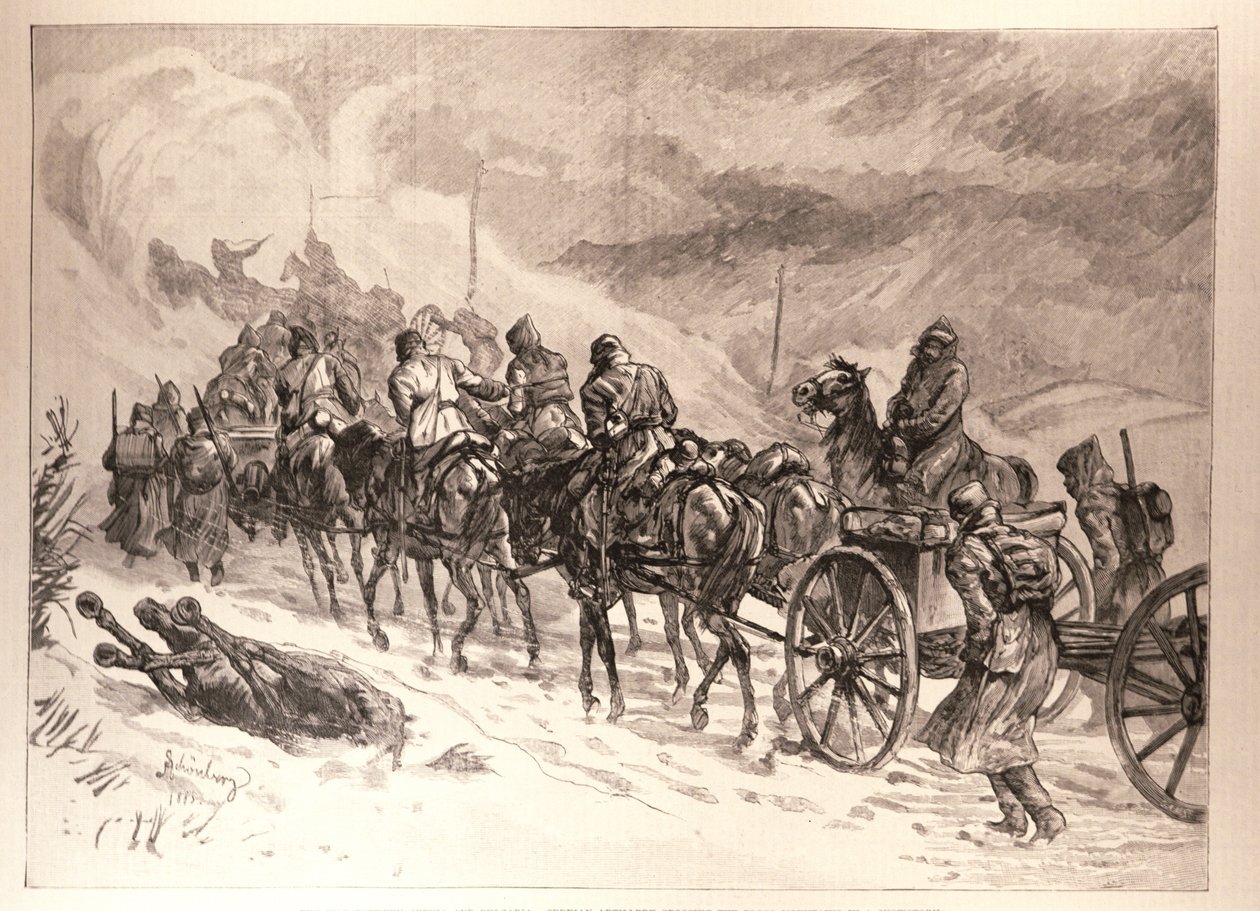 Válka mezi Serviem a Bulharskem: Servian Artillery Crossing the Ploca Mountains in a Snow Storm, z náčrtu J. Schonberga, z „The Illustrated London News“, 16. ledna 1886 od English School