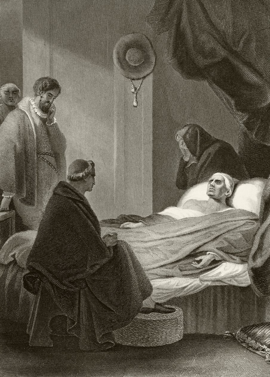 Smrt kardinála Wolseyho v Leicesterském opatství, 29. listopadu 1530, z knihy „Národní a domácí historie Anglie“ od Williama Hickmana Smith Aubrey (1858-1916), publikovaná v Londýně, kolem roku 1890 od English School