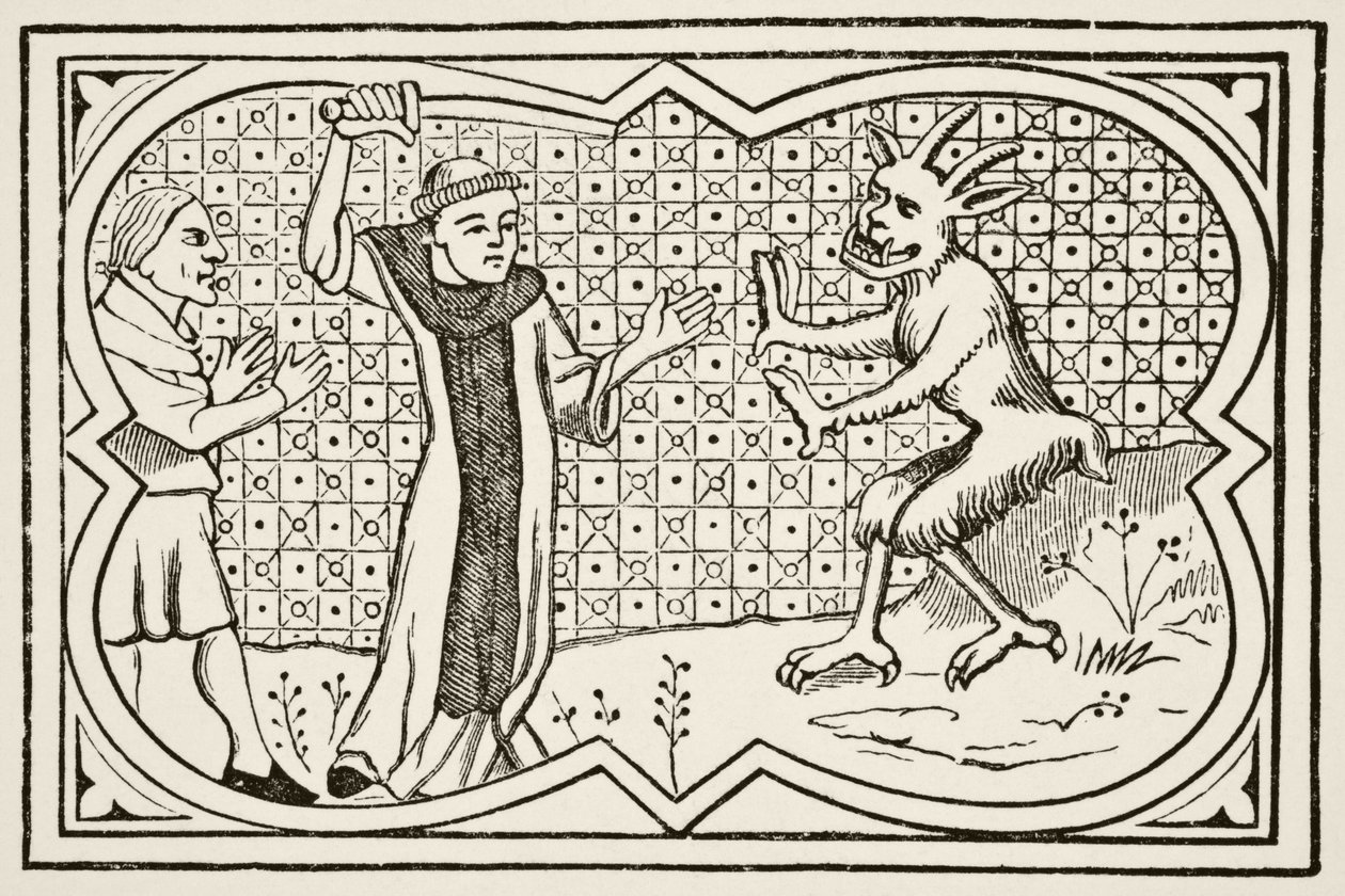Ďábel se pokouší zmocnit kouzelníka, který s ním uzavřel smlouvu, ale brání mu v tom bratr laik, podle miniatury z 13. století „Chroniques de Saint-Denis, z „Vědy a literatury“. od English School