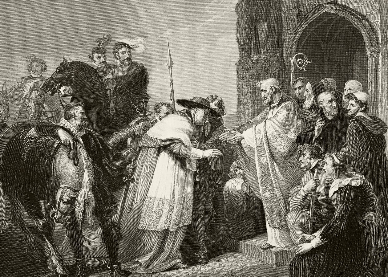 Thomas, kardinál Wolsey v Leicesterském opatství poté, co onemocněl na cestě do Londýna v roce 1530, z knihy "The National and Domestic History of England" od Williama Hickmana Smithe Aubreyho (1858-1916), vydané v Lon od English School