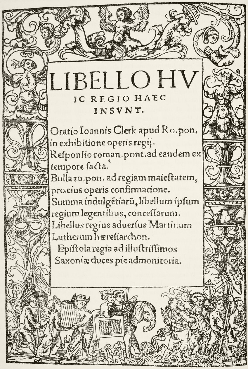 Titulní strana z Obrany sedmi svátostí krále Jindřicha VIII., vytištěné Richardem Pynsonem v roce 1521, z „Národní a domácí historie Anglie“ od Williama Hickmana Smith Aubrey (1858-1916) pu od English School