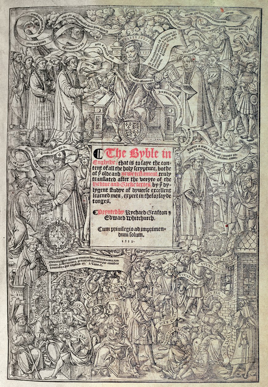 Titulní strana představující anglický překlad Velké Bible, přeložený z hebrejských a řeckých textů a vytištěný Richardem Graftonem a Edwardem Whitchurchem, kolem roku 1539 (dřevořez) od English School