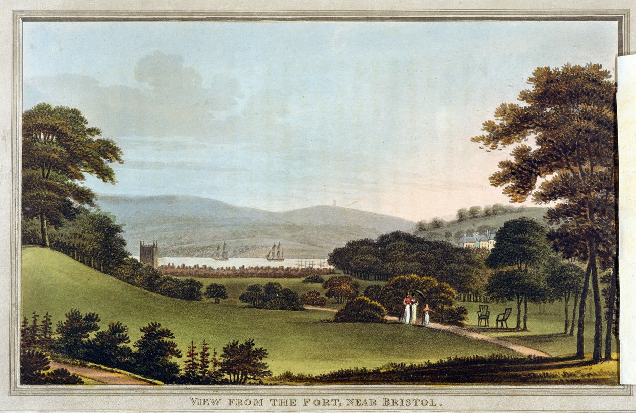 Pohled z pevnosti poblíž Bristolu z „Pozorování teorie a praxe krajinného zahradnictví od Humphreyho Reptona (1752-1818) (barevná akvatinta bez překrytí) (viz také 245523) od English School