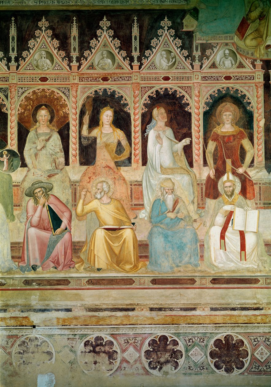 Triumf katolické nauky, detail Praktické teologie a Boethius, Naděje a sv. Jan Damašský, Víra a sv. Zapírá Areopagita, Láska a sv. Augustin, ze Španělské kaple, 13. od Andrea di Bonaiuto