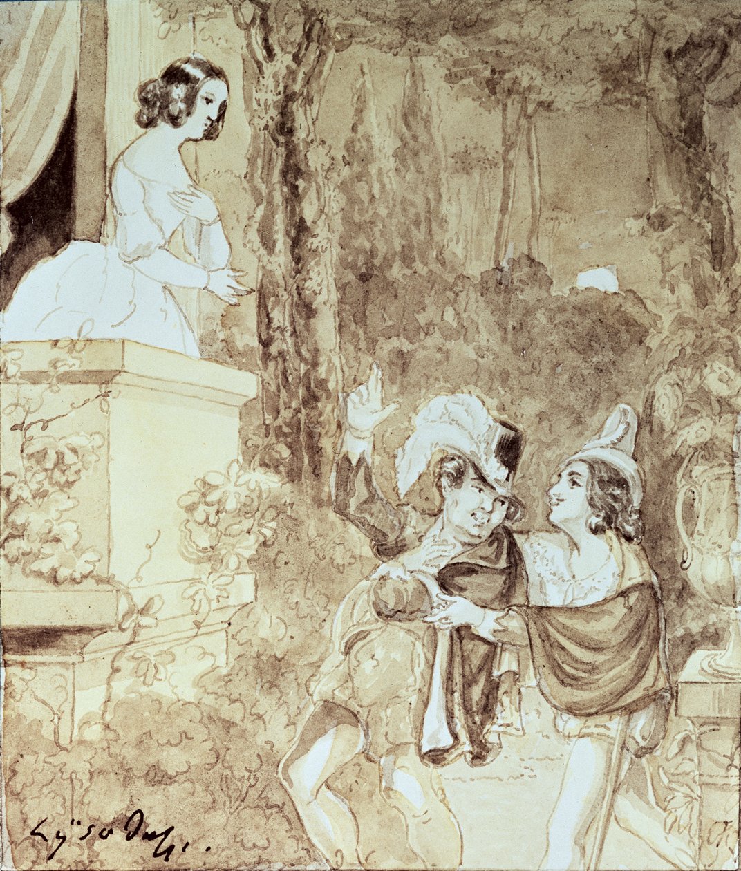 Leporello serenáduje Elvíru v převleku Dona Giovanniho (Don Juan), který za ním stojí, scéna II. dějství z filmu Don Giovanni od Wolfganga Amadea Mozarta (1756-91) (pero a mytí) od Austrian School