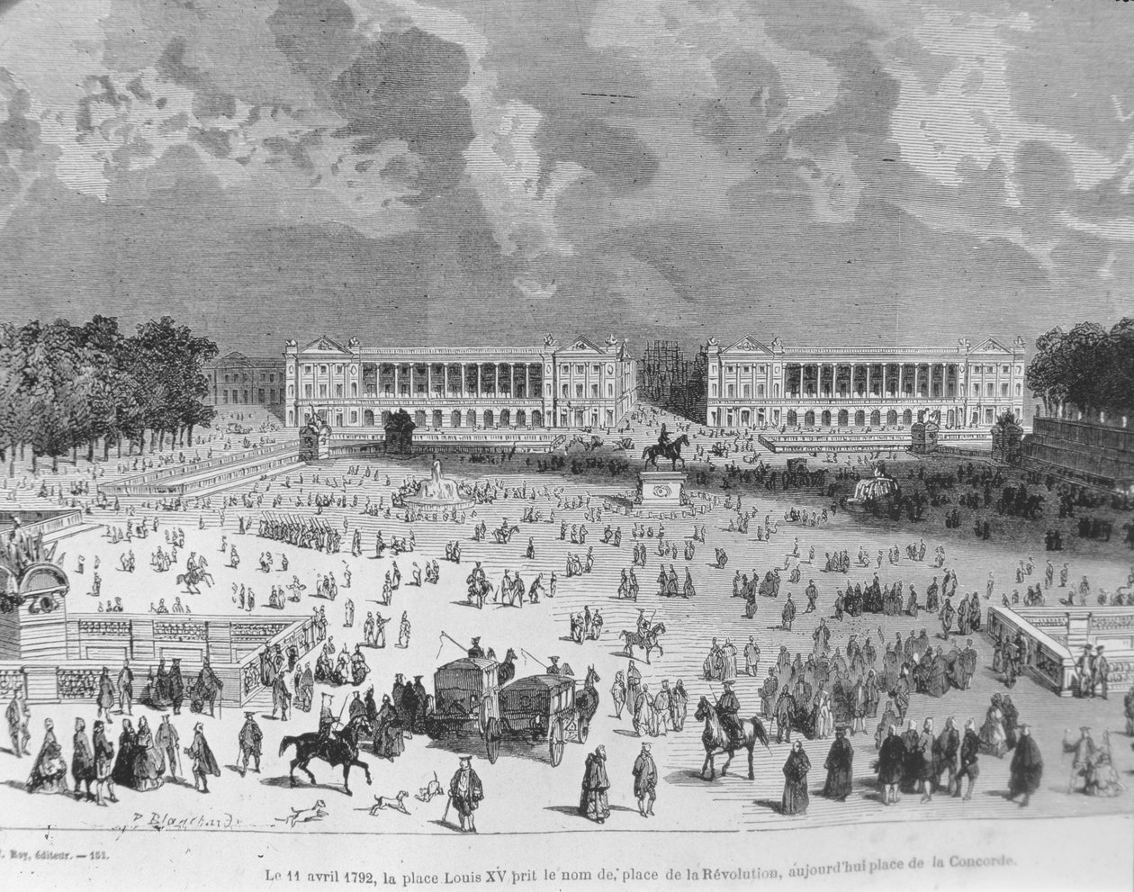 11. dubna 1792 bylo Place Louis XV přejmenováno na Place de la Revolution a dnes se nazývá Place de la Concorde, ilustrace z „Paris a travers les siecles“. Tome 3. od H. Gourdona de Genouillac, 188 od Blanchard