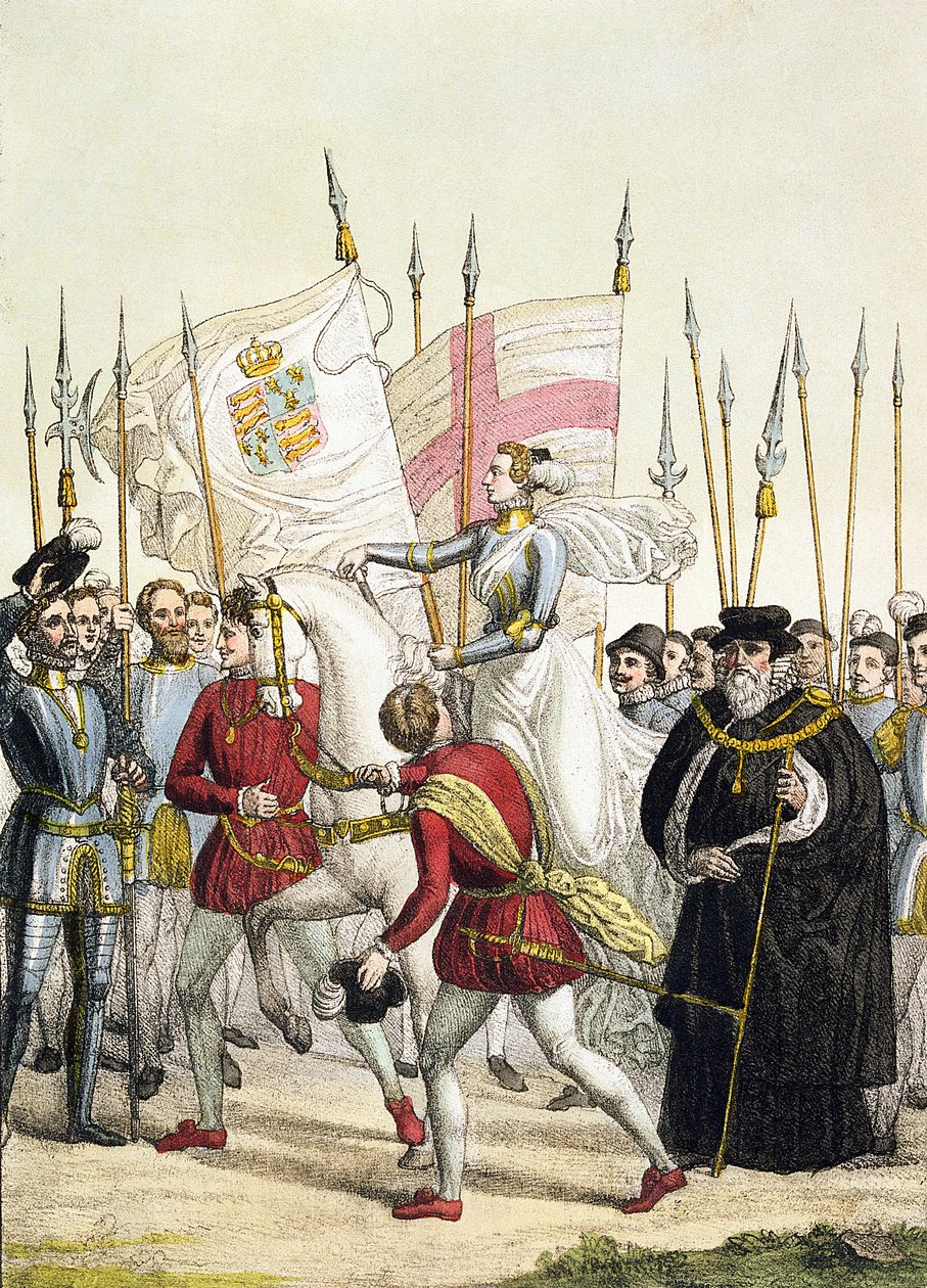 Královna Alžběta I. (1530–1603) Shromáždění vojsk v Tilbury před příjezdem španělské armády, 1588, deska 12 z „Le Costume Ancien et Moderne“ od Julese Ferraria, vydáno kolem 20.–30. let 18. století (barva od G. Bramati