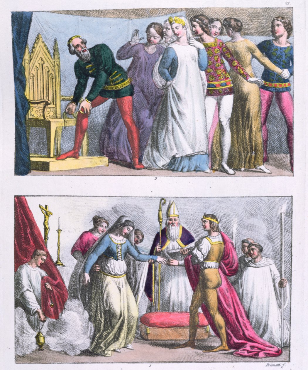 Udělení Podvazkového řádu Eduardem III (1312-77) v roce 1348 a svatba Jindřicha I. (1068-1135), z knihy "Le Costume Ancien et Moderne" od Julese Ferraria, asi 1820 (barevná rytina). od G. and Raineri Bramatti